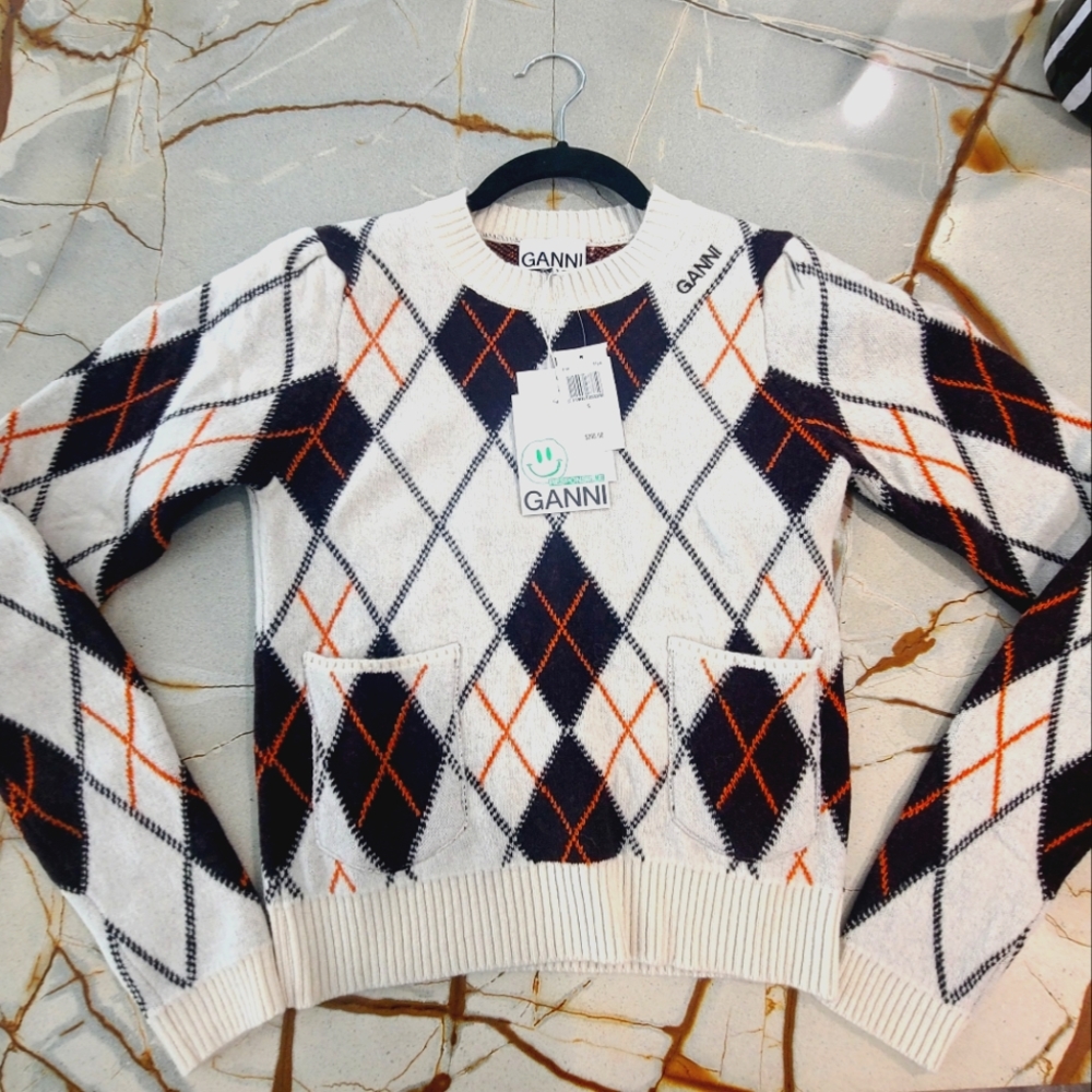 NWT GANNI Wool/Cashmere blend Puffed Shoulder Playful Argyle Sweater (Small)